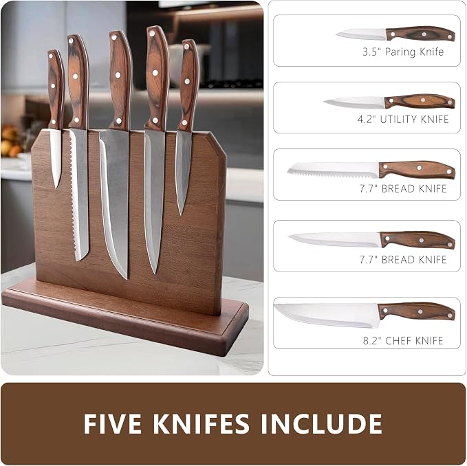 Knife Set 5-Piece with Handcrafted Wood Magnetic Block Holder | Chef,Utility,Bread & Fruit Knives | Stainless Steel with Glossy Finish