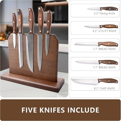Knife Set 5-Piece with Handcrafted Wood Magnetic Block Holder | Chef,Utility,Bread & Fruit Knives | Stainless Steel with Glossy Finish