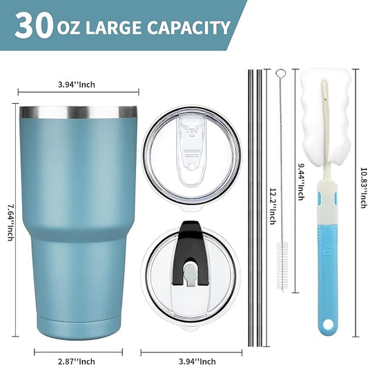 30 oz Tumbler with Lids and Straws, Stainless Steel Insulated Coffee Tumbler, Double Wall Vacuum Insulated Travel Mug Cup, Leakproof Thermal Coffee Cup for Hot and Cold Drinks (Azure Blue)