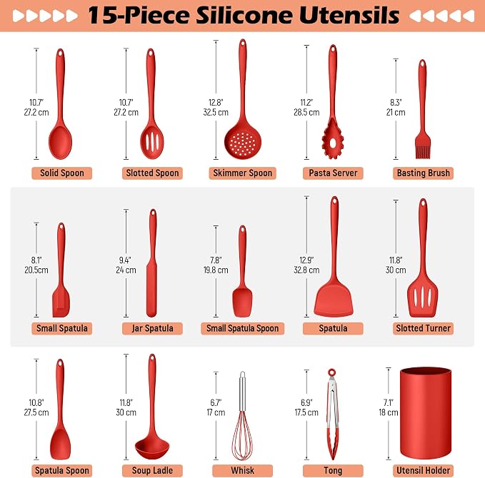 Homikit Kitchen Cooking Utensils Set with Holder, 15-Piece Silicone Spatula Set for Nonstick Cookware, 446°F Heat Resistant Spoon Turner Tong Whisk Brush for Cooking and Baking-Red