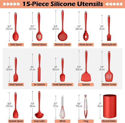 Homikit Kitchen Cooking Utensils Set with Holder, 15-Piece Silicone Spatula Set for Nonstick Cookware, 446°F Heat Resistant Spoon Turner Tong Whisk Brush for Cooking and Baking-Red