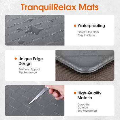 TranquilRelax Kitchen Mats, 2PCS Kitchen Rugs, Cushioned Anti Fatigue Kitchen Mats for Floor, Non-Slip Standing Desk Mat, Waterproof Kitchen Rug Set for Kitchen Floor Office,17.3"×30"+17.3"×59" Grey
