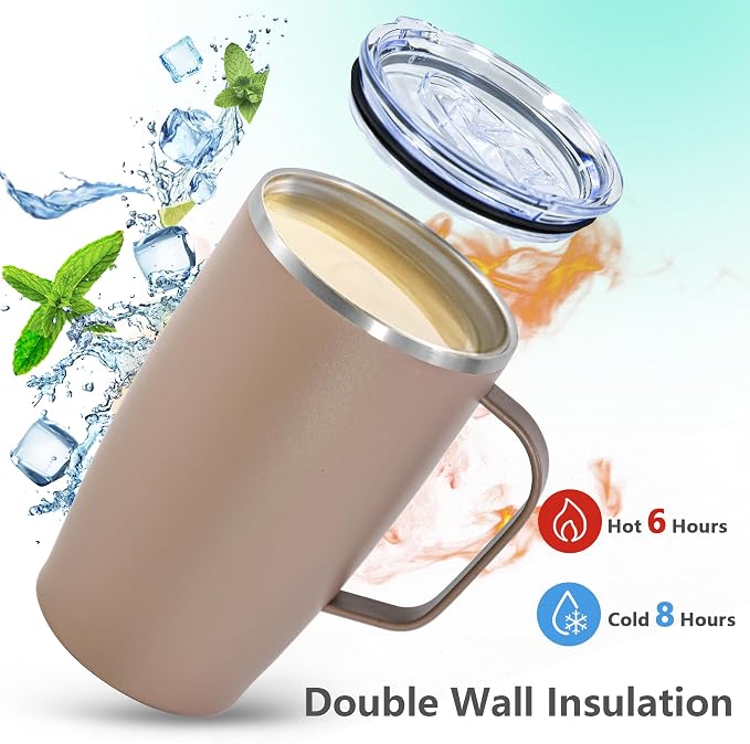 16oz Insulated Coffee Mug with Lid, 2Pack Stainless Steel Tumbler with Handle, Double Wall Vacuum Travel Coffee Mug with Handle for Working Travel Driving, Black&Moca