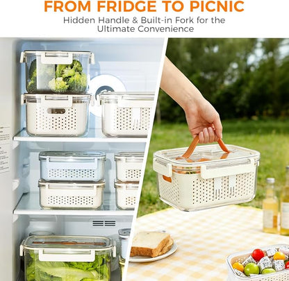 Fruit Storage Containers for Fridge,berry containers with Colander and Built-in Forks,2 packs 57oz & 13oz Airtight Food Containers with Lids, BPA Free Berry Keeper, to go box for lunch, travel, office