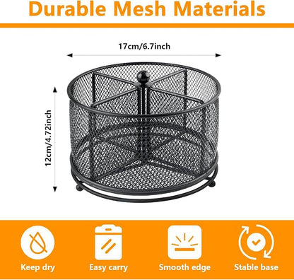 360° Rotating Metal Utensil Caddy - 4 Compartment Silverware Cutlery Holder Rotation Fork Spoon Napkin Organizer Flatware Storage Basket Party Countertop Buffet Picnic Camping Outdoor Black