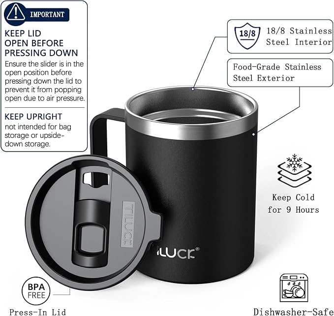 TILUCK 12 oz Insulated Coffee Mug with Lid, Double Wall Vacuum Insulated Travel Mug Cup with Handle for Hot or Cold Drinks（12oz，Matte Black）