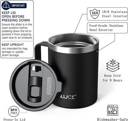 TILUCK 12 oz Insulated Coffee Mug with Lid, Double Wall Vacuum Insulated Travel Mug Cup with Handle for Hot or Cold Drinks（12oz，Matte Black）