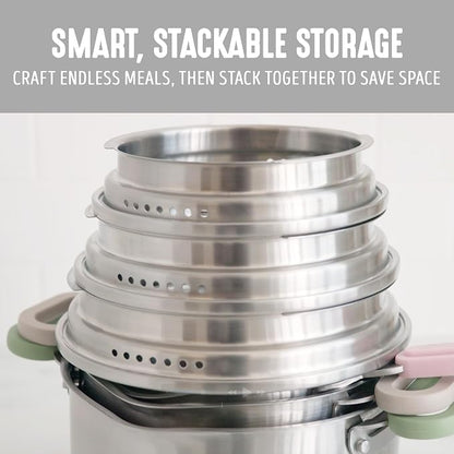 BK Twisting by Greenlife Stainless Steel 6 Piece Locking Lid Cookware Set, Built in Strainer, Induction Pots & Pans, Drip-Free Pour Spouts, Silicone Handles, Saucepan, Stock Pot, Dishwasher Safe
