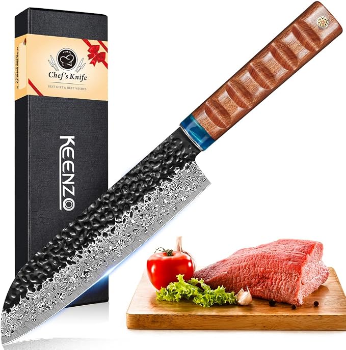 KEENZO Damascus Santoku knife 8 inch,Professional kitchen knives,Sharp Damascus knife,Ergonomic rosewood handle with gift box for Home & Restaurant
