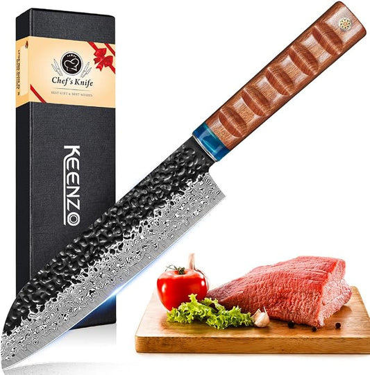 KEENZO Damascus Santoku knife 8 inch,Professional kitchen knives,Sharp Damascus knife,Ergonomic rosewood handle with gift box for Home & Restaurant