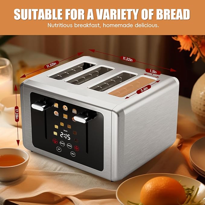 WUNLY Smart Digital 4 Slice Toaster with Touchscreen,Extra Wide 1.5" Slots for Bagel, 6 Bread & Browning Settings, Defrost/Reheat & Sound Control, Stainless Steel