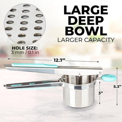 Zulay Kitchen Large 15oz Potato Ricer, Heavy Duty Stainless Steel Potato Masher and Ricer for Mashed Potatoes, Mashed Potato Masher & Potato Press Gadget for Perfect Mashed Potatoes - Turquoise