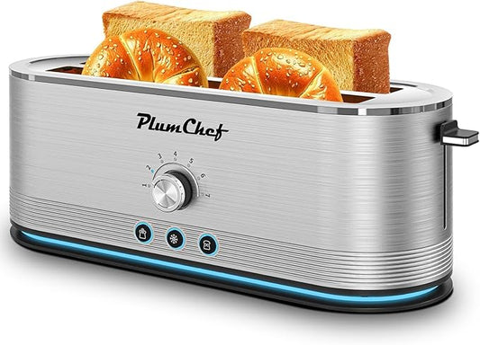 Plum chef 4-Slice Toaster, Extra Wide Long SIot Toaster, 7 Browning Settings,Defrost/Reheat Functions, Removable CrumbTray, Stainless Steel Housing,Anti-Fingerprint & Anti-Jam (Stainless Steel)