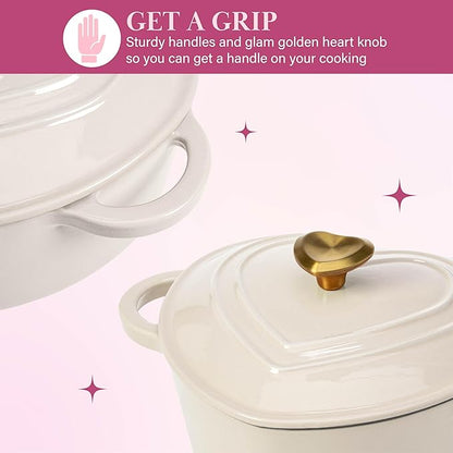 Paris Hilton Enameled Cast Iron Dutch Oven Pot with Lid, Heart-Shaped Dutch Oven, Durable Cast Iron Pot with Dual Handles, Oven Safe to 500°F, Works on All Stovetops, 4-Quart, Cream