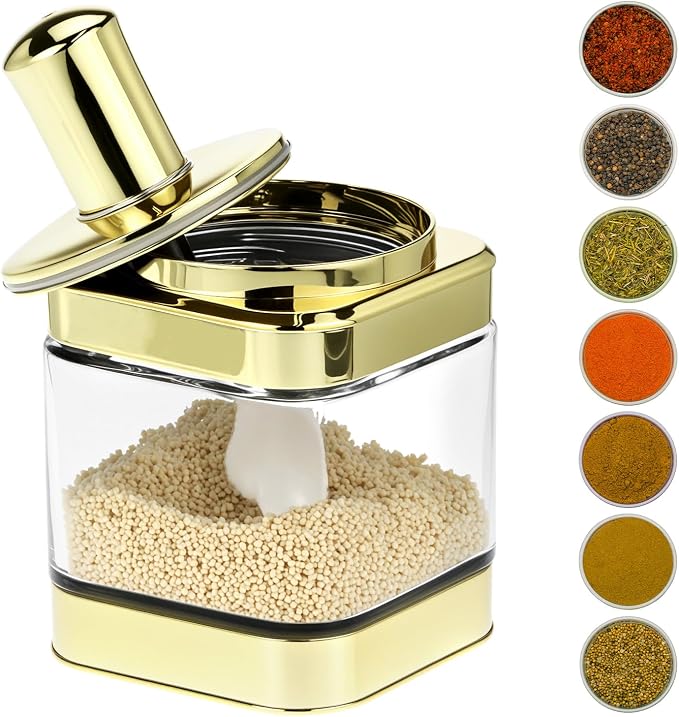 QWORK Glass Condiment Jars with Spoon, 2 Pack 12oz Spice Containers with Gold Lid, Sugar Dispense, Kitchen Containers, Seasoning Box Set for Sugar, Salt, Coffee, Flour & Kitchen Storage