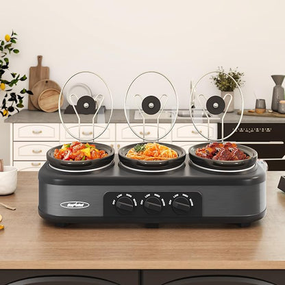 Triple Slow Cooker, Buffet Food Warmer with 3 * 1.5 Quarts Removable Ceramic Pots, Buffet Servers and Warmers with Glass Lids and 3 Spoons, Stainless Steel,Grey