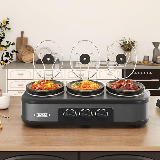 Triple Slow Cooker, Buffet Food Warmer with 3 * 1.5 Quarts Removable Ceramic Pots, Buffet Servers and Warmers with Glass Lids and 3 Spoons, Stainless Steel,Grey