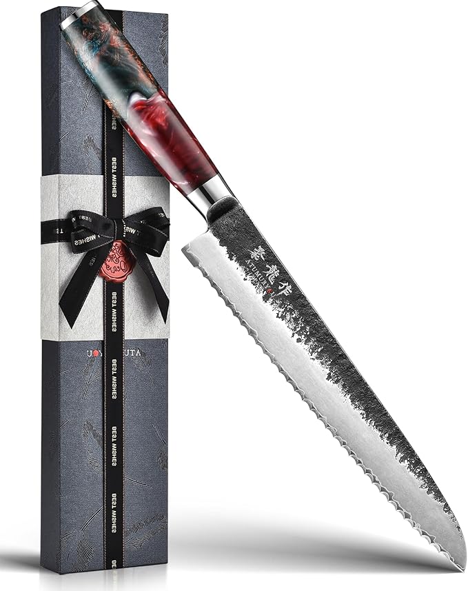 Japanese Bread Knife, 9 Inch Hand Forged VG10 Steel Serrated Sourdough Knife, Resharpenable Sharp Bread Cutting Knives, Low-Crumb Slicing for Sourdough, Homemade Bread & Bagels with Premium Gift Box