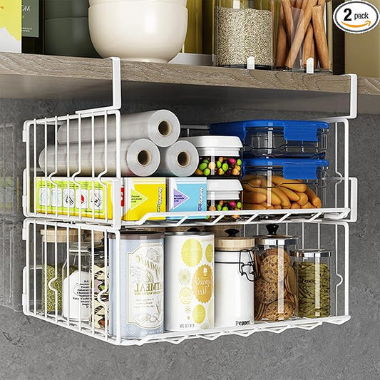 PowerKing Under Shelf Storage Baskets, Foldable Metal Wire Rack Basket, 2 Pack, White