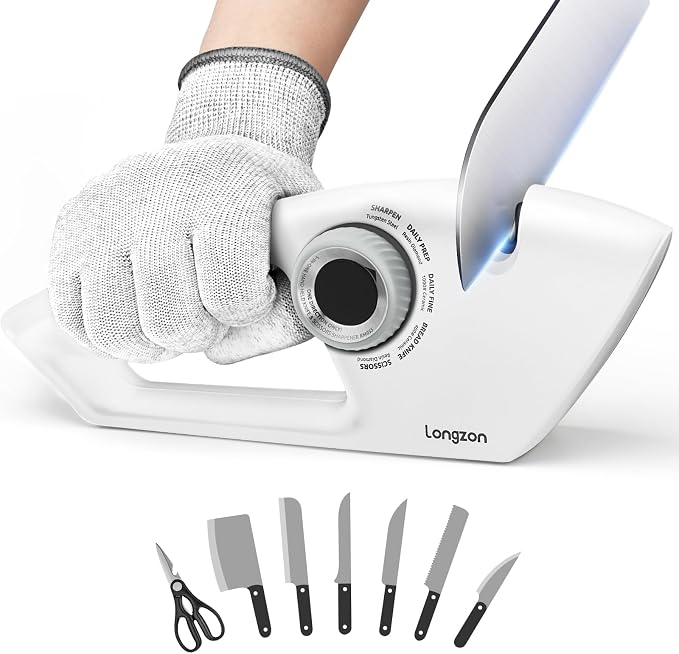 Longzon 6-in-1 Knife Sharpener 5 Stage with Cut-Resistant Glove, Manual Kitchen Tool for Straight & Serrated Knives, Quickly Sharpens Restores & Polishes Dull Blades Safe for Home Kitchen, White+Gray