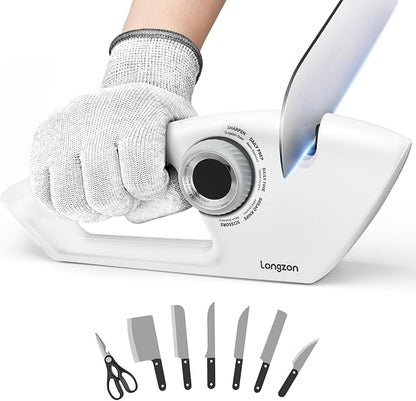 Longzon 6-in-1 Knife Sharpener 5 Stage with Cut-Resistant Glove, Manual Kitchen Tool for Straight & Serrated Knives, Quickly Sharpens Restores & Polishes Dull Blades Safe for Home Kitchen, White+Gray