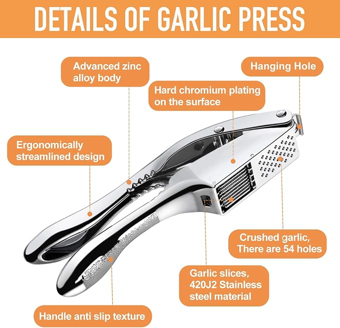 Garlic Press and Slicer 2 in 1, Heavy Duty Garlic Mincer, Crusher & Peeler Set - Perfect for Home Cooks and Professional Chefs Alike