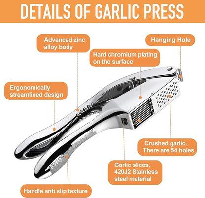 Garlic Press and Slicer 2 in 1, Heavy Duty Garlic Mincer, Crusher & Peeler Set - Perfect for Home Cooks and Professional Chefs Alike