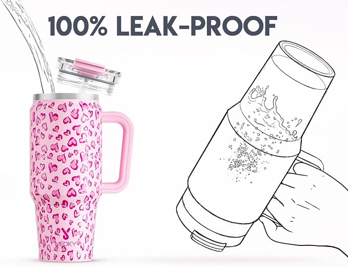Meoky 32 oz Tumbler with Handle, Insulated Tumbler with Lid and Straw, Stainless Steel Travel Mug, Keeps Cold for 24 Hours, 100% Leak Proof, Fits in Car Cup Holder (Love)