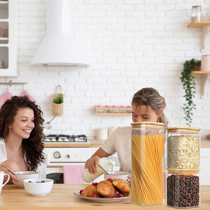 Glass Storage Containers with Lids, Clear Food Storage Container Jar with Sealing Bamboo Lid for Noodles Flour Cereal Rice Sugar Tea Coffee Beans (Square-5Pack)