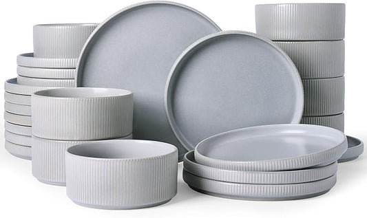 Famiware Star 24-Piece Reactive Glaze Plates and Bowls Sets, Service for 8 - Stoneware Dinnerware Set, High Edge Ribbed Dishes, Chip & Scratch Resistant, Microwave & Dishwasher Safe, Matte Gray
