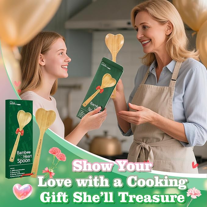 Bamboo Heart Shaped Spoon for Cooking - Wooden Cook with Love Spoon Kitchen Utensils, Mother's Day Gifts for Grandma Mom Couple Wife Hostesses House Warming