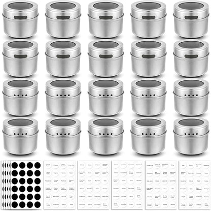 Bekith 20 Pack Magnetic Spice Jars, Magnetic Spice Containers for Refrigerator, Seasoning Tins with Clear Top Lid, 240 PVC Spice Label Set