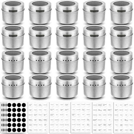 Bekith 20 Pack Magnetic Spice Jars, Magnetic Spice Containers for Refrigerator, Seasoning Tins with Clear Top Lid, 240 PVC Spice Label Set