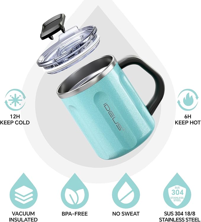 Ideus 16 oz Coffee Cup, Stainless Steel Coffee Travel Mug, Spill Proof Tea Mug with Handle and Lid, Lightweight and Durable, Great for Office Home and Outdoor Use, Sky Blue-FUJI FLOW
