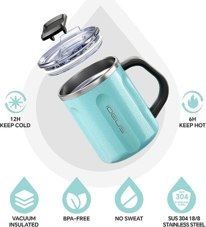Ideus 16 oz Coffee Cup, Stainless Steel Coffee Travel Mug, Spill Proof Tea Mug with Handle and Lid, Lightweight and Durable, Great for Office Home and Outdoor Use, Sky Blue-FUJI FLOW