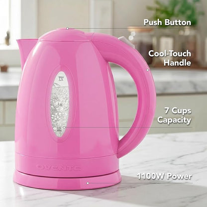 OVENTE Electric Kettle, 1.7L Fast Boiling Water Heater for Coffee or Tea, BPA Free with Water Level Gauge, Auto Shut-Off, Boil-Dry Protection, Indicator Light and Removable Filter, Pink KP72P