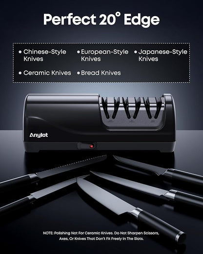 Electric Knife Sharpener for Kitchen, 3-Stage Knife Sharpener Electric with 100% Diamond Abrasives, 20° Precision Angle Guide, Fast & Safe Sharpening for Chef Knives, Home Use & Beginners (Black)