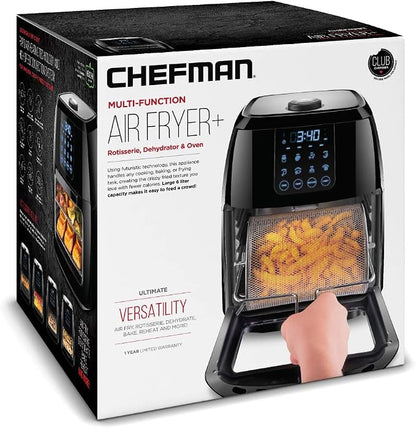Chefman Compact 6.3-Qt 4-In-1 Digital Air Fryer+, Rotisserie, Dehydrator, Convection Oven, XL Family Size, 8 Touch Screen Presets, BPA-Free, Auto Shutoff, Accessories Included, Black