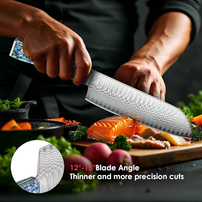 Damascus Santoku Knife, Japanese Knife 10Cr15MOV Blade with Hand Forged Hammer Pattern Chef Knife, Hand forged VG10 steel cooking knife, Ergonomic abalone shell G-10 handle with Gift Box