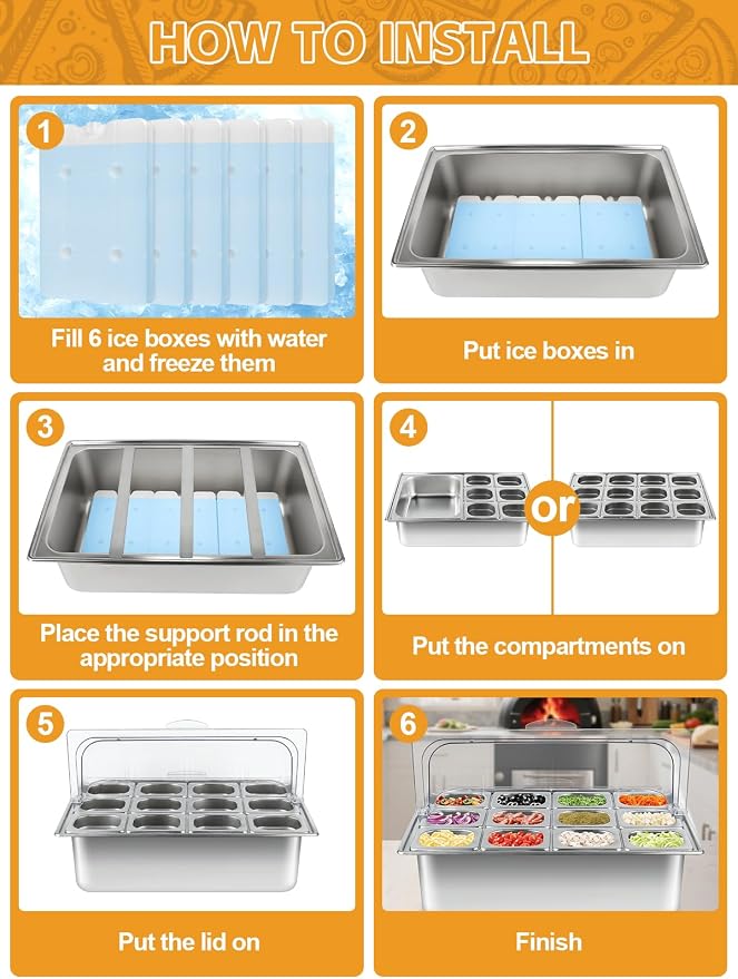 Pizza Topping Station 13 Pans Stainless Steel Spice Organizer Salad Bar Buffet Station with Spoons Ice Boxes Buffet Containers Set for Sauce Jam Ingredient Kitchen Restaurant Pantry
