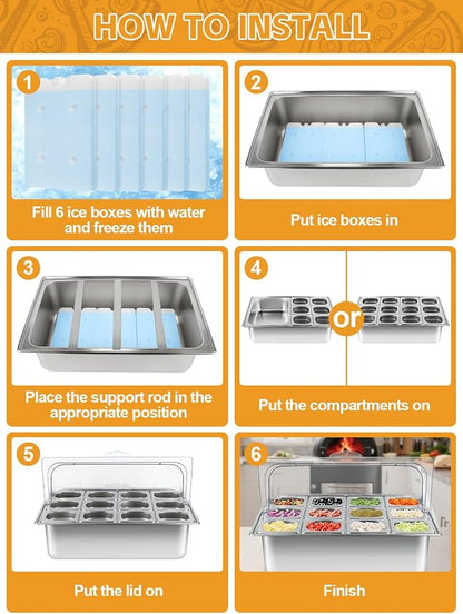 Pizza Topping Station 13 Pans Stainless Steel Spice Organizer Salad Bar Buffet Station with Spoons Ice Boxes Buffet Containers Set for Sauce Jam Ingredient Kitchen Restaurant Pantry