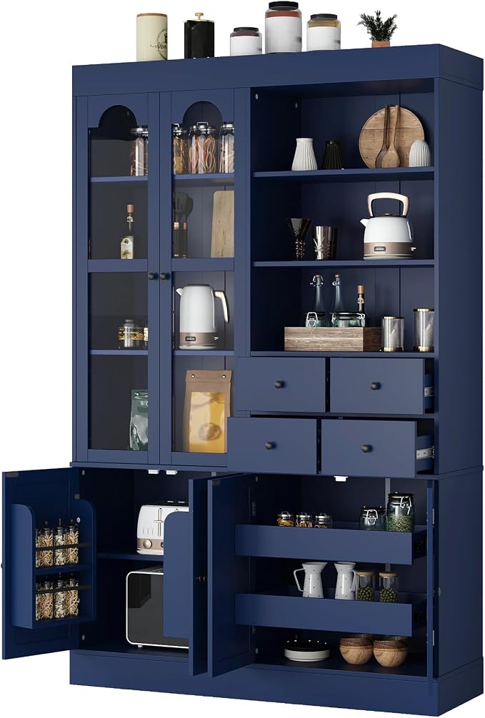 VilroCaz 75'' Tall Freestanding Kitchen Pantry Cabinet, Wood Large Cupboard Storage Buffet with Hutch, 4 Drawers, Door Shelves and Pull-Out Trays for Dining Room, Living Room (Blue-10.13)