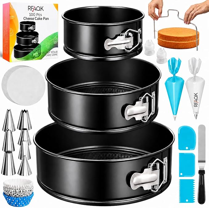 RFAQK 100pcs Cake Pan Sets for Baking + Cake Decorating Supplies: 3 Non-Stick Springform Pans Set (4, 7, 9 inches), Icing Tips, Cake Leveler – Multi-functional Leak-Proof CheeseCake Pan & eBook