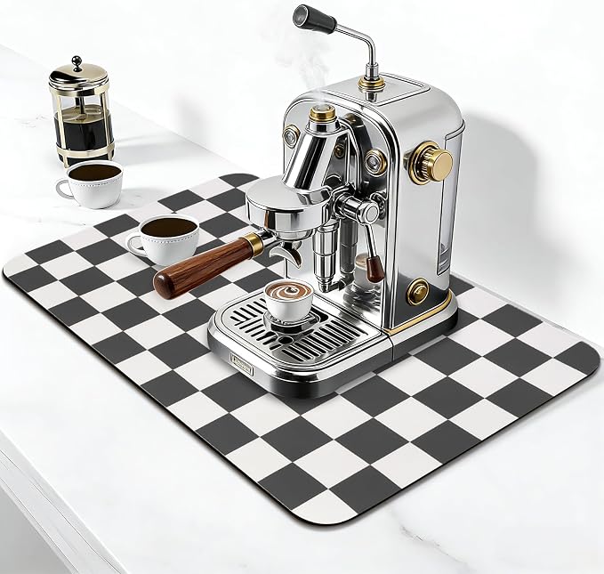 CooRug Checkered Dish Drying Mat for Kitchen Counter, Absorbent Non-Slip Coffee Mat, Heat Resistant Mat for Countertops Coffee Bar Decor 16" x 24" Black