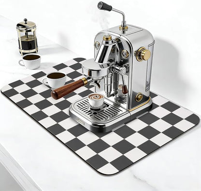 CooRug Checkered Dish Drying Mat for Kitchen Counter, Absorbent Non-Slip Coffee Mat, Heat Resistant Mat for Countertops Coffee Bar Decor 16" x 24" Black