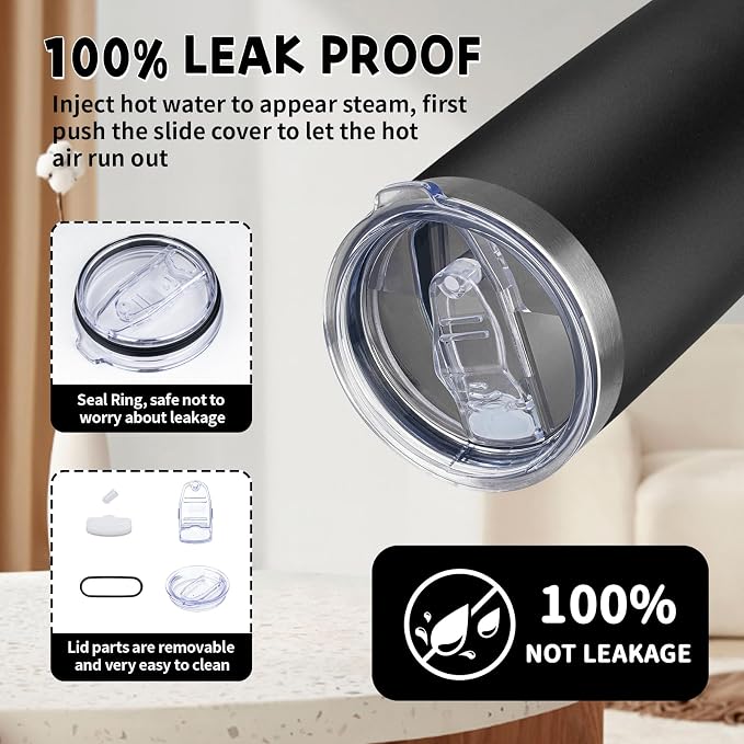 20 oz Tumbler with Lids and Straws, Stainless Steel Insulated Coffee Tumbler, Double Wall Vacuum Insulated Travel Mug Cup, Leakproof Thermal Coffee Cup for Hot and Cold Drinks (black)