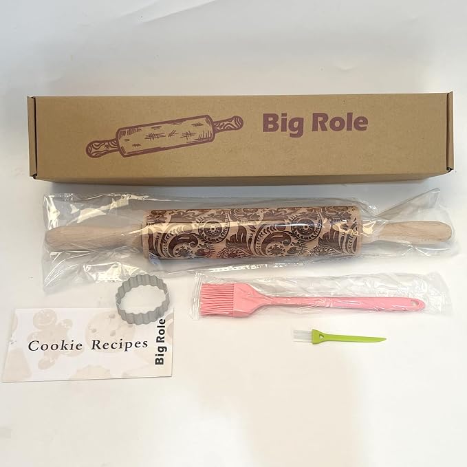 Christmas Embossed Rolling Pin for Baking Cookies Embossing Rolling Pins with Design Wooden Engraved Springerle Roller Pin Dough Snowflake Paisley Patterned Clay Pottery Ceramic Bakers (Floral Frost)