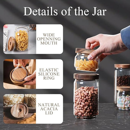 Glass Jars with Airtight Wood Lids - Small Large Kitchen Pantry Storage Containers, Canisters for Spaghetti, Noodles, Pasta, Ground Coffee, Sugar, Cereal, Spice, Salt, Salad, Matcha, Set of 5