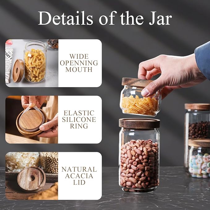 Glass Jars with Airtight Wood Lids - 17 oz Small Kitchen Pantry Storage Containers, Stackable Decorative Canisters for Chia Seed, Tea, Ground Coffee, Sugar, Spice, Salt, Matcha, Nuts, Q-Tip, Set of 2