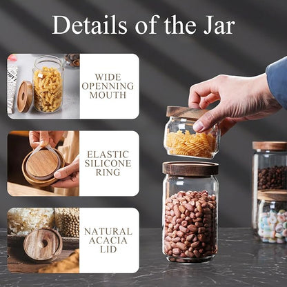 Glass Jars with Airtight Wood Lids - 17 oz Small Kitchen Pantry Storage Containers, Stackable Decorative Canisters for Chia Seed, Tea, Ground Coffee, Sugar, Spice, Salt, Matcha, Nuts, Q-Tip, Set of 2